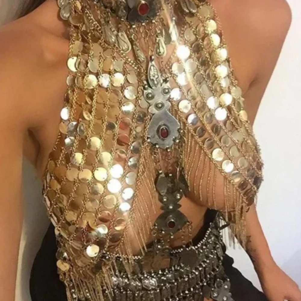 Gold Holographic Metal AB Sequin Chain Tassel‎ Body Jewelry Rave Halter Crop Top